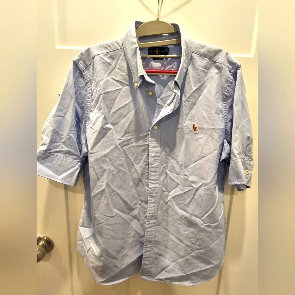 Ralph Lauren Men’s XL Slim Fit Short Sleeve Oxford Shirt Light Blue Pony Logo